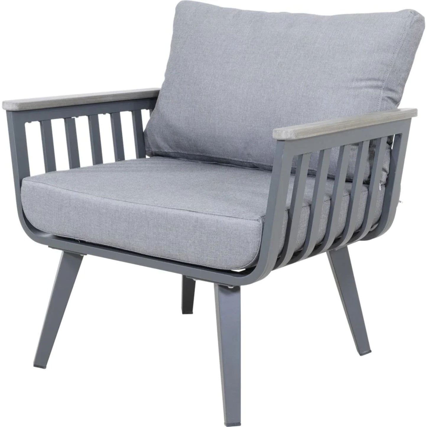 Das Lesli Living Lounge-Set AMALFI - 43180 besteht aus einem Metallrahmen, Lattenrosten und hellgrauen Sitz- und Rückenkissen, die vor einem schlichten weißen Hintergrund stehen.