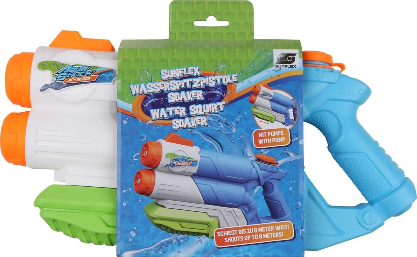 Die Sunflex 00588 - Wasserspritzpistole ist eine blau-weiße Wasserspritzpistole in der Soaker"-Verpackung, die als Wasserspielzeug bezeichnet wird und Wasser bis zu 8 Meter weit schießt.