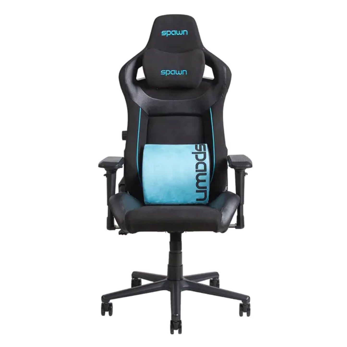 Der Spawn Gaming Stuhl "schwarz" von Spawn hat ein schwarz-blaues Design, eine hohe Rückenlehne, verstellbare Rücken- und Armlehnen, ein blaues Lendenstützkissen und einen stabilen Fuß mit fünf Rädern.