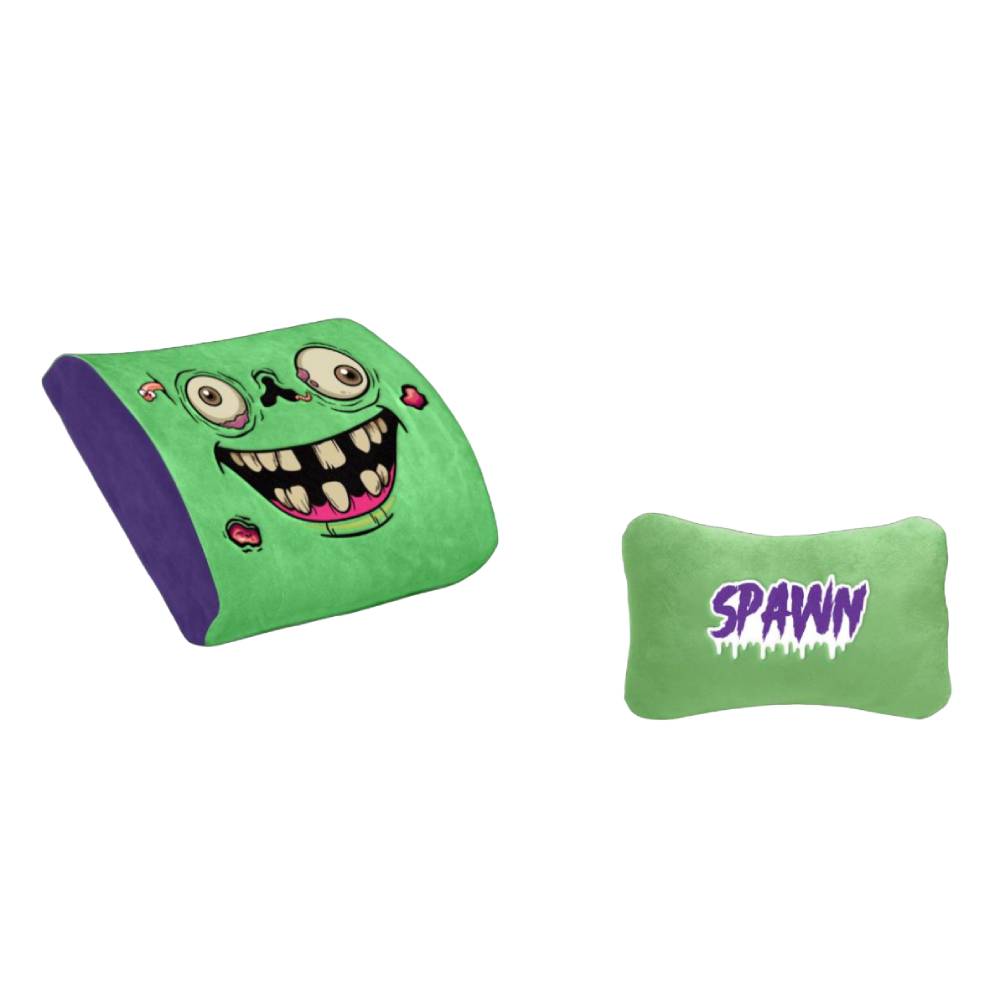 Zwei grüne Kissen - eines keilförmig mit einem großäugigen Monstergesicht, das andere rechteckig mit "SPAWN" in kräftigem Lila und Weiß - sind die perfekten Begleiter für deinen Spawn Gaming Stuhl "Zombie" von Spawn.