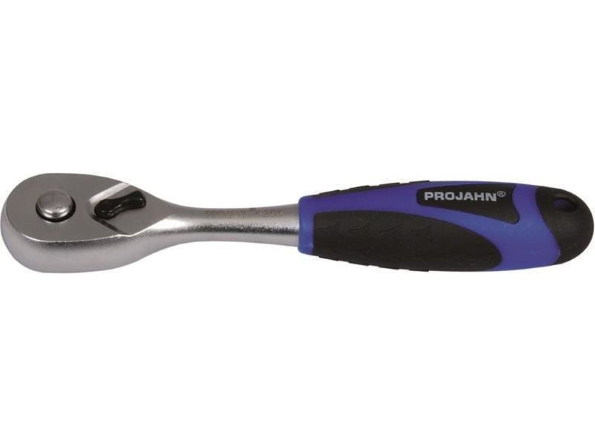 Abgebildet ist eine Projahn 1/4" Umschaltknarre - 72 Zähne 5205 mit Metallkopf und schwarz-blauem ergonomischem Griff auf weißem Hintergrund.