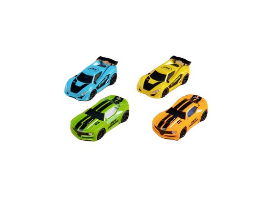 Vier Tamiya-Carson 1:60 Nano Racer 2.4GHz in den Farben blau, gelb, grün und orange mit schwarzen Streifen und Startnummern sind in einem losen Quadrat auf weißem Hintergrund angeordnet - ideal für junge Rennsportfans.