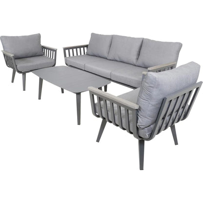 Das Lesli Living Lounge-Set AMALFI - 43180 ist ein modernes Outdoor-Set aus grauem Aluminium von Lesli Living, bestehend aus einem Dreisitzer-Sofa, zwei Sesseln und einem rechteckigen Couchtisch mit passenden Kissen und stilvollen Holzakzenten.