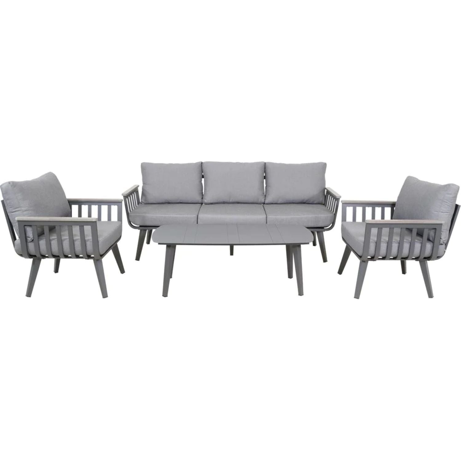 Das Lesli Living Lounge-Set AMALFI - 43180 ist ein modernes Set aus grauem Aluminium mit einem Dreisitzer-Sofa, zwei Sesseln, einem Couchtisch und grauen Kissen - ideal für ein stilvolles Outdoor-Living von Lesli Living.