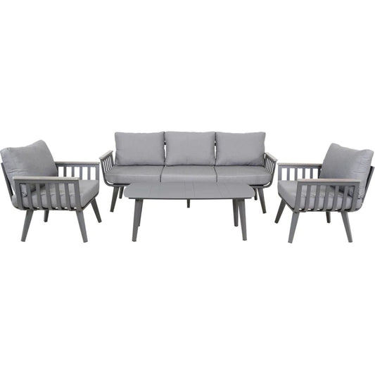 Das Lesli Living Lounge-Set AMALFI - 43180 ist ein modernes Set aus grauem Aluminium mit einem Dreisitzer-Sofa, zwei Sesseln, einem Couchtisch und grauen Kissen - ideal für ein stilvolles Outdoor-Living von Lesli Living.