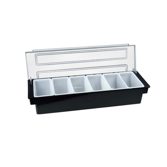 Die HC Home & Living Pizzaballen-Box ist eine schwarze Aufbewahrungsbox mit einem transparenten Scharnierdeckel und sechs weißen, herausnehmbaren Fächern, ideal zum Ordnen und Servieren von Gewürzen oder Garnierungen in Ihrer Küche.