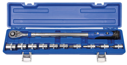 Ein blauer Projahn-Kunststoffkoffer enthält den ProJahn Drehmomentschlüssel 1/2" (11-teilig, 40-200 Nm) mit schwarzem und blauem Griff sowie zehn verschiedene Metalleinsätze, die übersichtlich unterhalb des Schlüssels angeordnet sind.