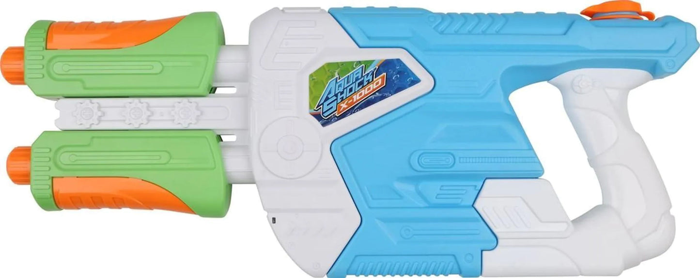 Die Sunflex SUNFLEX 589 - Aqua Shock X1000 - Wasserspritzpistole Charger hat ein blau-weißes Gehäuse, grüne und orangefarbene Doppeltrommeln und eine orangefarbene Wasserkappe - perfekt für Wasserspaß im Freien.