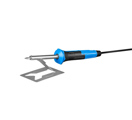 Der CFH Elektrolötkolben E 15 der CFH Löt- und Gasgeräte GmbH zeichnet sich durch ein blau-schwarzes Design, eine feine Spitze und einen Metallständer aus - ideal für die Mikroelektronik - und ist auf weißem Hintergrund abgebildet.