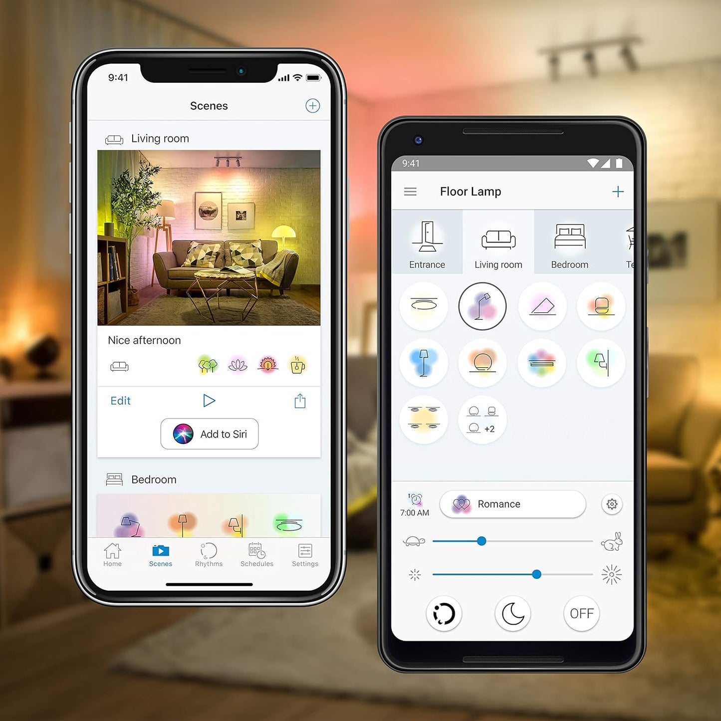 Zwei Smartphones zeigen Smart Home-Apps mit anpassbaren Szenen und Helligkeit für Ihren WiZ LED Strip 2m. Ein modernes, warm beleuchtetes Wohnzimmer im Hintergrund unterstreicht die mühelose intelligente Lichtsteuerung und das farbenfrohe Ambiente von WiZ.