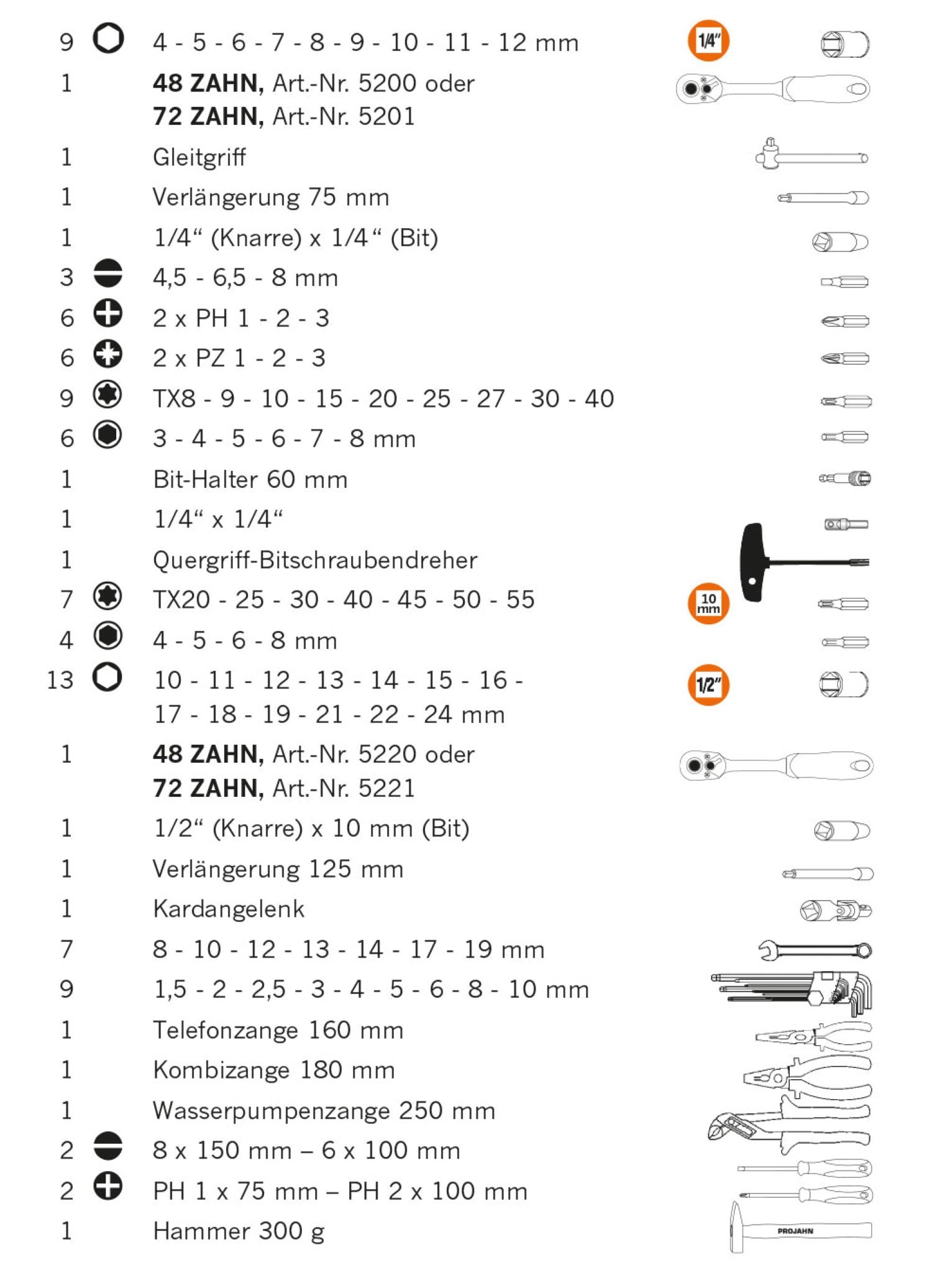 Der Projahn Werkzeugkoffer 1/4" + 1/2" 98 tlg. 78 Zahn enthält nummerierte Handwerkzeuge mit Teilenummern, Größen und Symbolen: Steckschlüsselsatz, Knarren, Steckschlüssel, Verlängerungen, Schraubendreher, Zangen, Schraubenschlüssel, Bits & Hammer.