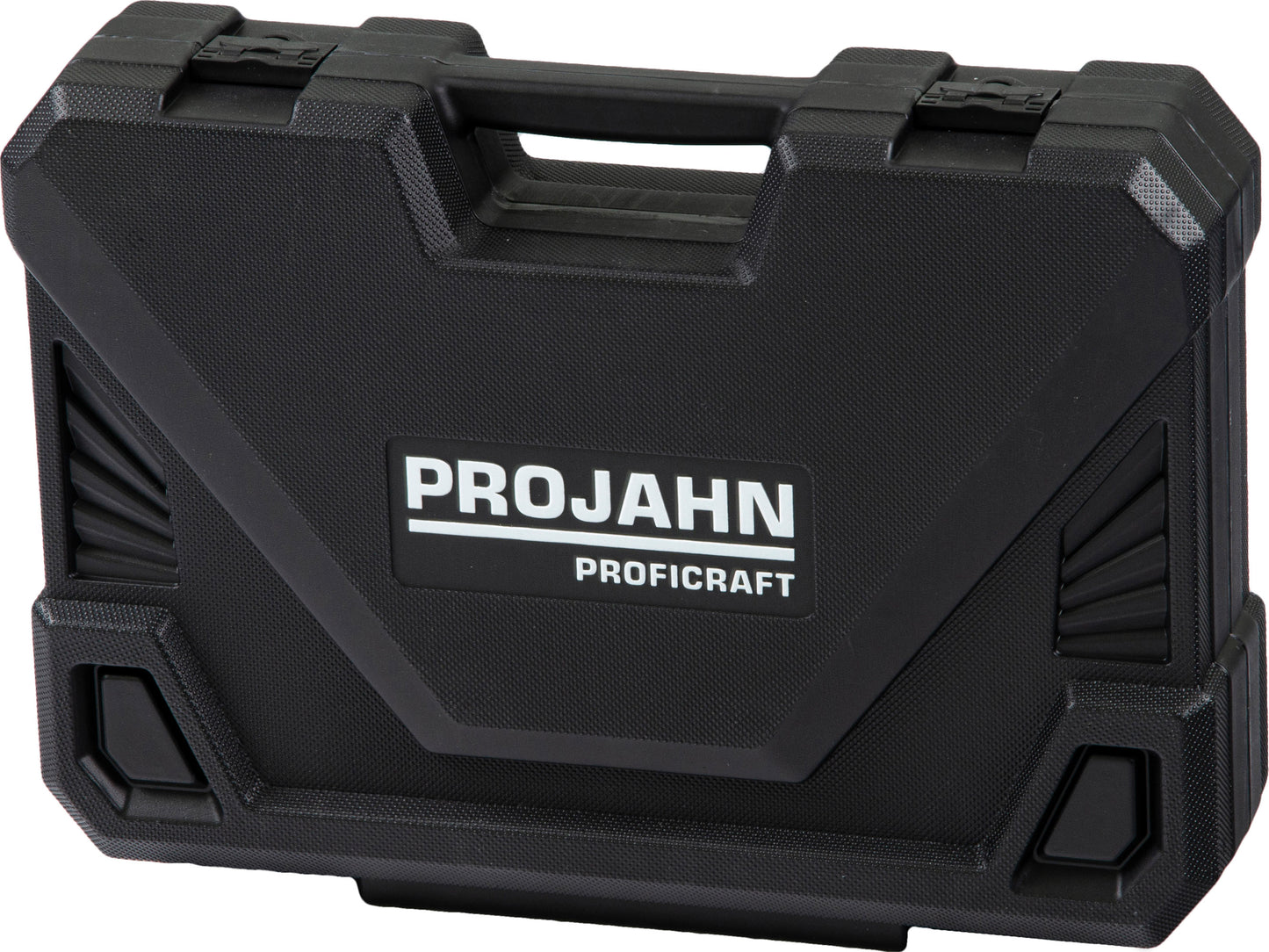Ein schwarzer Hartplastik Projahn Werkzeugkoffer 1/4" + 1/2" 98 tlg. 78 Zahn mit Griff und Strukturtafeln, beschriftet mit PROJAHN PROFICRAFT, ideal für Hausmeister Werkzeug oder Steckschlüsselsatz.