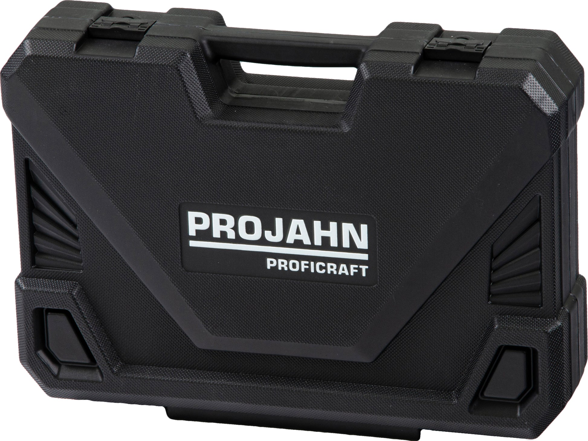Ein schwarzer Hartplastik Projahn Werkzeugkoffer 1/4" + 1/2" 98 tlg. 78 Zahn mit Griff und Strukturtafeln, beschriftet mit PROJAHN PROFICRAFT, ideal für Hausmeister Werkzeug oder Steckschlüsselsatz.