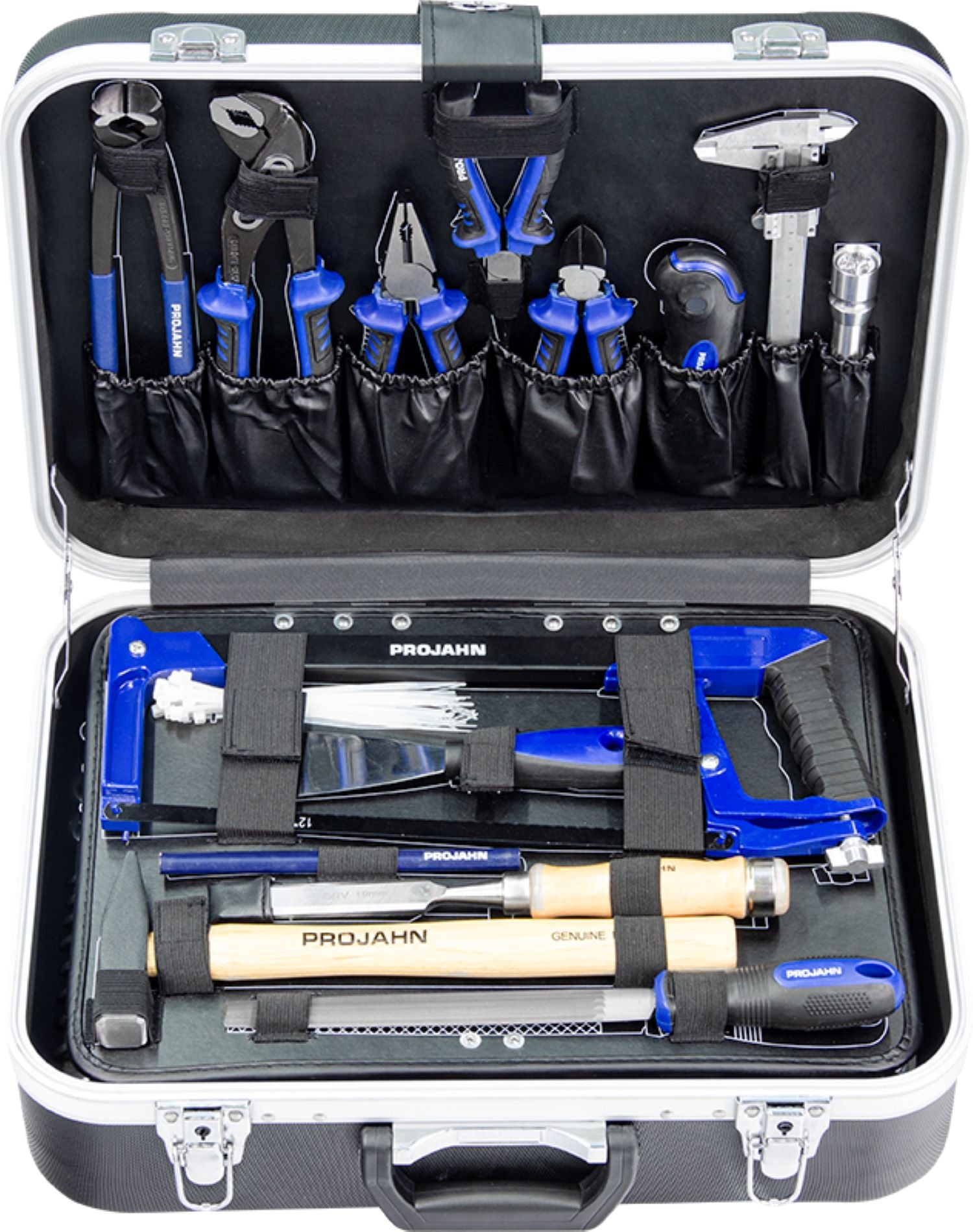 Ein geöffneter Projahn Werkzeugkoffer Universal 149 tlg. - 8681 von Projahn zeigt verschiedene Handwerkzeuge - Zangen, Schraubendreher, Säge, Hammer, Maßband und mehr mit blau/schwarzen Griffen - übersichtlich in Fächern und Gurten angeordnet.