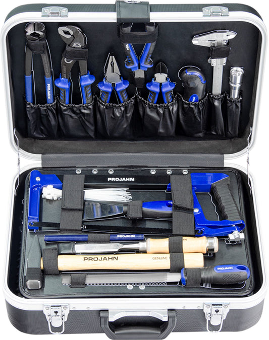 Ein geöffneter Projahn Werkzeugkoffer Universal 149 tlg. - 8681 von Projahn zeigt verschiedene Handwerkzeuge - Zangen, Schraubendreher, Säge, Hammer, Maßband und mehr mit blau/schwarzen Griffen - übersichtlich in Fächern und Gurten angeordnet.