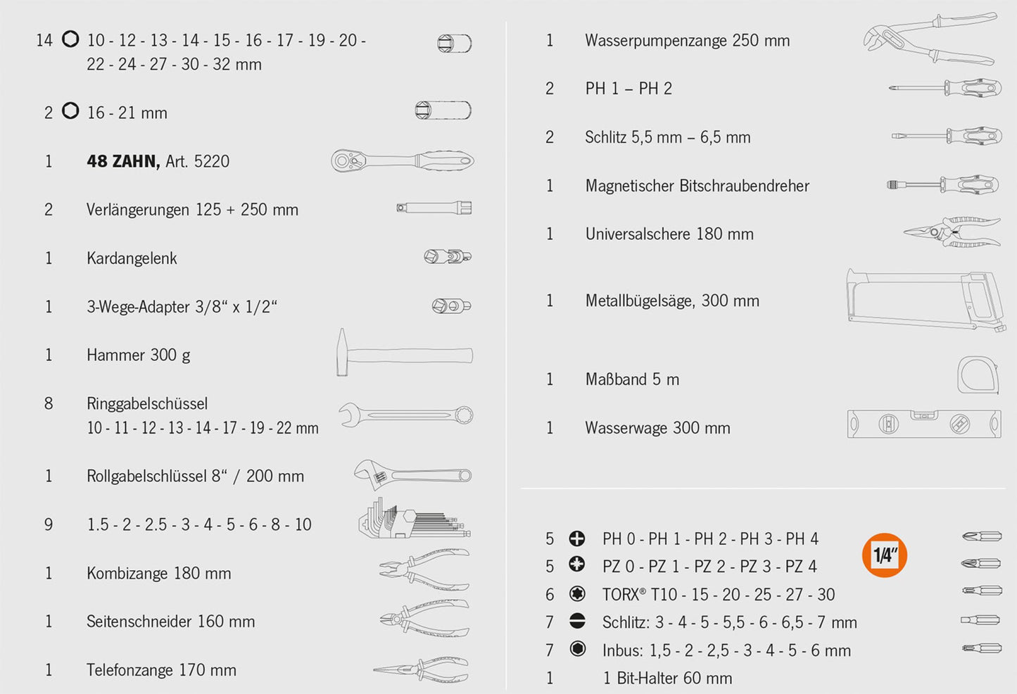 Eine illustrierte Liste der Projahn proficraft Werkzeugkoffer Universal 1/2" 84-tlg. Handwerkzeuge in deutscher Sprache, mit Symbolen, Werkzeugnamen, Größen und Abmessungen - einschließlich Schraubenschlüssel, Schraubendreher, Säge, Hammer, Maßband - klar nummeriert.
