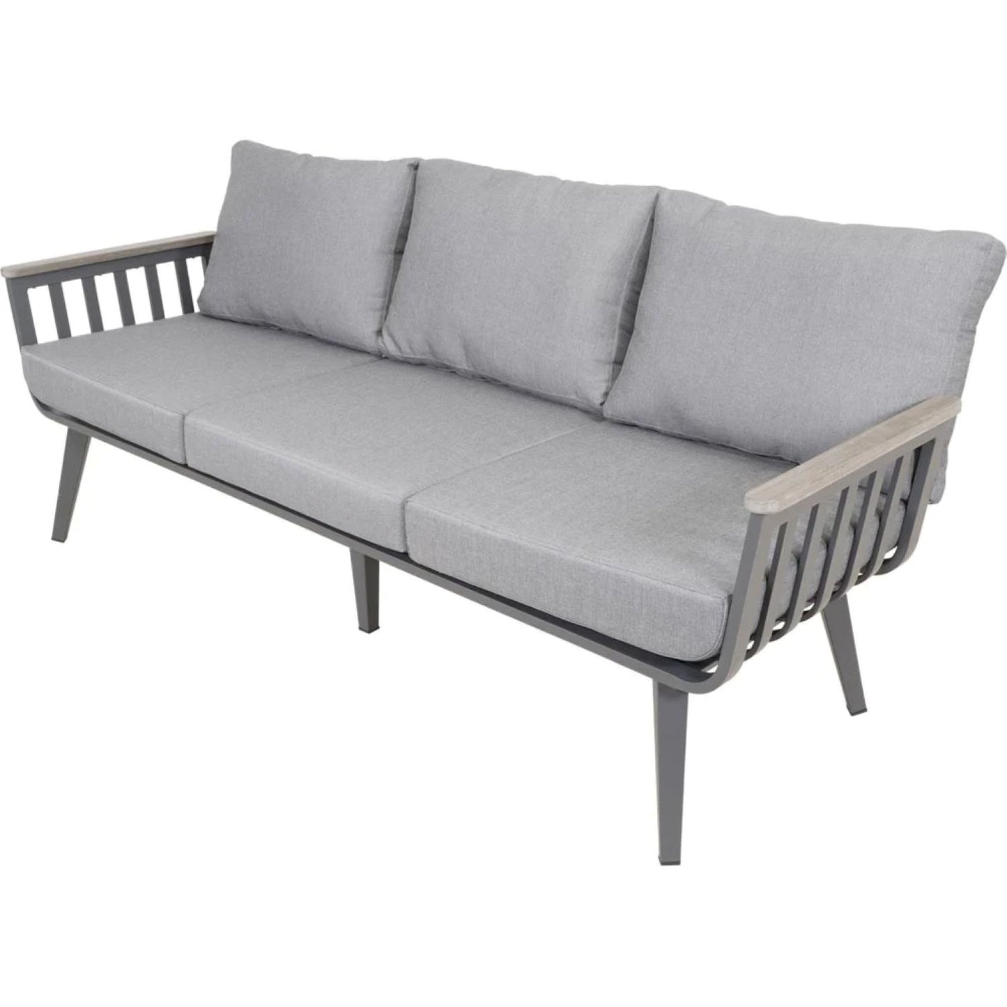 Das Lesli Living Lounge-Set AMALFI - 43180 ist ein moderner Dreisitzer von Lesli Living mit hellgrauen Kissen, Lattenrost an Rücken und Seiten und abgewinkelten Beinen. Dieses Aluminium Loungeset bietet minimalistisches Design für den Innen- und Außenbereich.