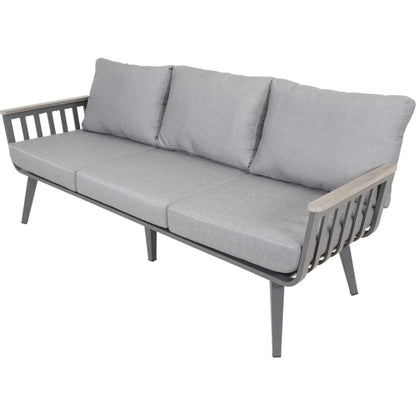 Das Lesli Living Lounge-Set AMALFI - 43180 ist ein moderner Dreisitzer von Lesli Living mit hellgrauen Kissen, Lattenrost an Rücken und Seiten und abgewinkelten Beinen. Dieses Aluminium Loungeset bietet minimalistisches Design für den Innen- und Außenbereich.
