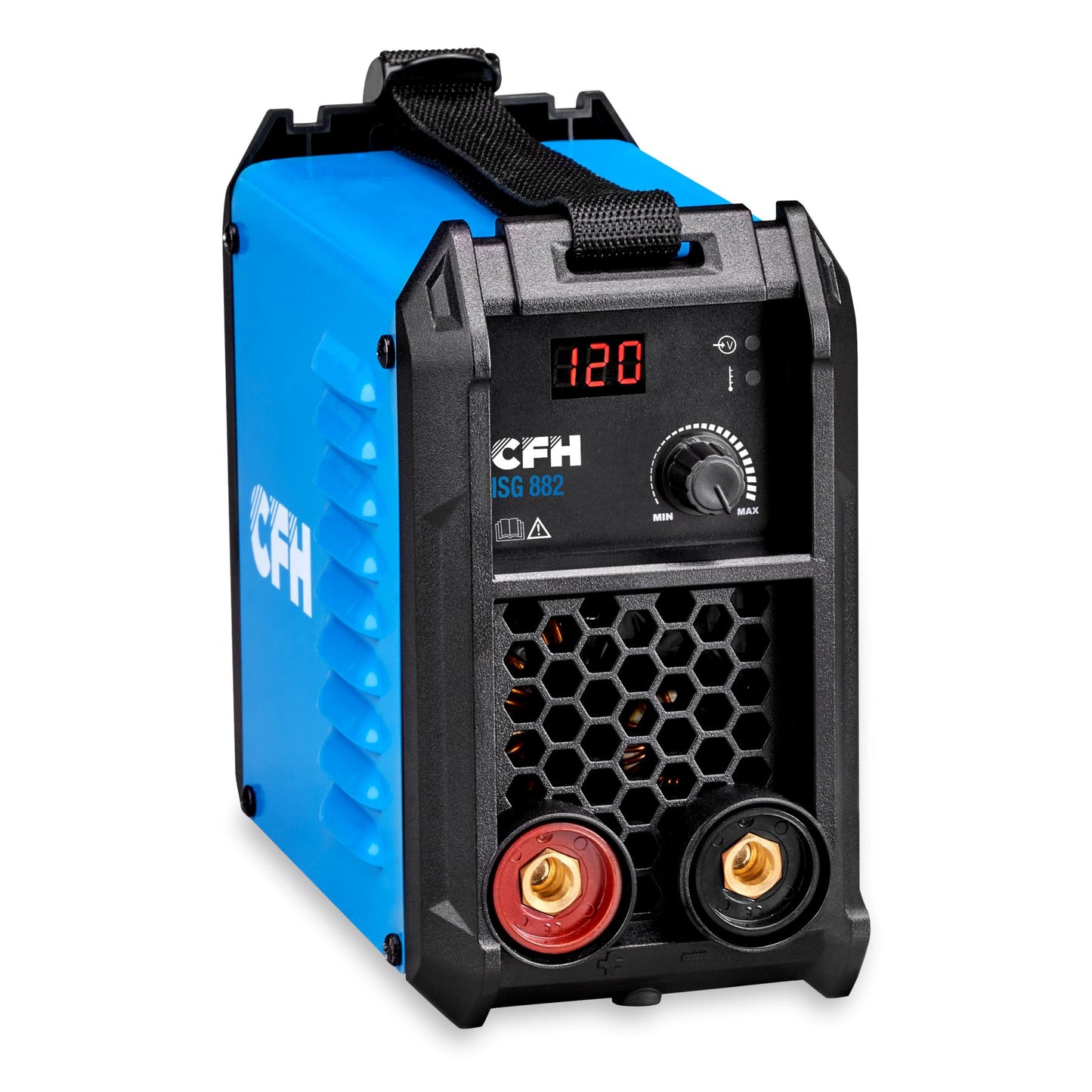 Das CFH Inverterschweißgerät ISG 882 der CFH Löt- und Gasgeräte GmbH ist ein blau-schwarzes Schweißgerät für Elektroschweißen mit Digitalanzeige (120), rot-schwarzen Anschlussbuchsen, oberem Griff und vorderem Lüftungsgitter.