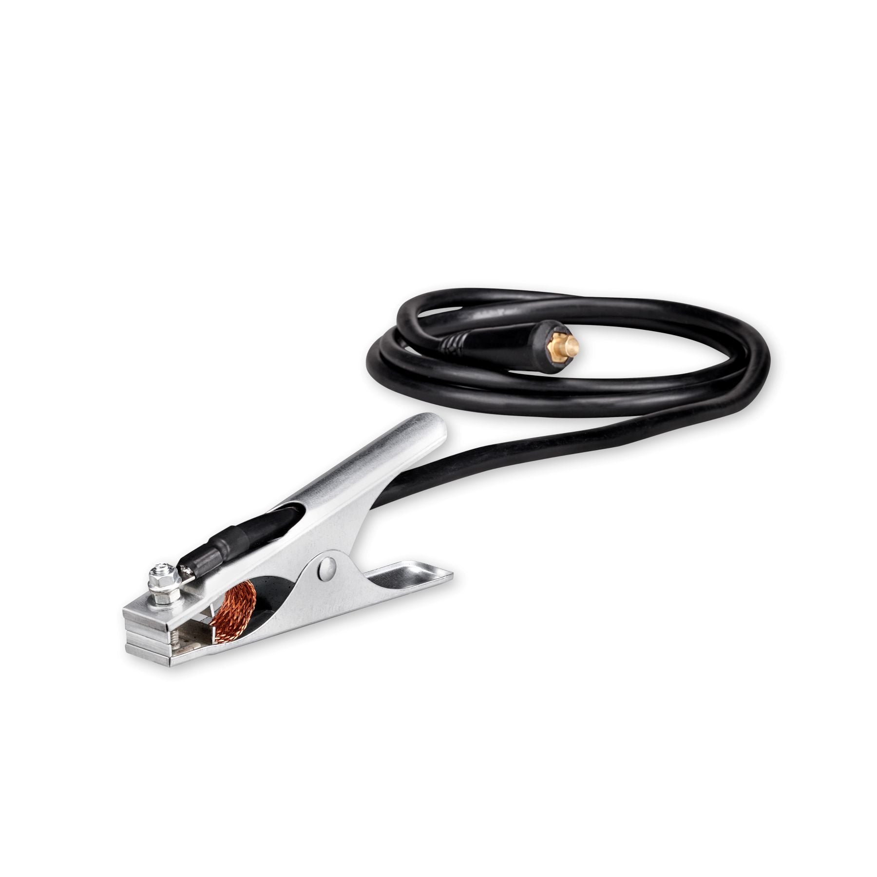 Abgebildet ist ein schwarzes Kabel mit Metallklemme und Kupferkontakt, das als Erdungsklemme zum Schweißen oder für Batterien verwendet wird, auf weißem Hintergrund. Ideal für die Verwendung mit dem CFH Inverterschweißgerät ISG 882 von CFH Löt- und Gasgeräte GmbH.