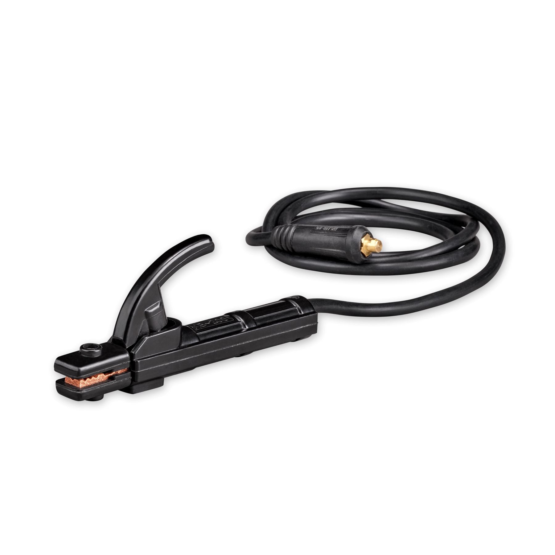 Das CFH Inverterschweißgerät ISG 882 von CFH Löt- und Gasgeräte GmbH beinhaltet einen schwarzen Elektrodenhalter mit langem Kabel und Stecker, ideal zur Sicherung von Stäben beim MMA-Schweißen oder Elektroschweißen.