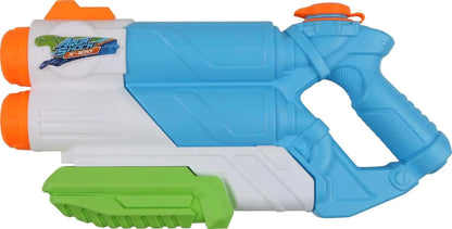 Die Sunflex SUNFLEX 00588 - Wasserspritzpistole ist eine farbenfrohe Wasserspritzpistole mit blauem Griff, weißem und blauem Gehäuse, orangefarbenen Düsen und Kappe, grüner Pumpe, sowie einem Aqua Shock X-100 Aufkleber - ideal für Wasserspielzeug-Spaß!.