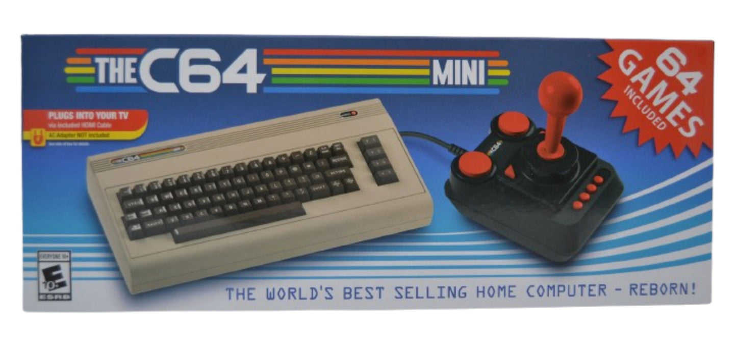 Plaions Commodore The C64 Mini Box zeigt einen kompakten Retro-Computer und einen Joystick, mit dem Text "64 integrierte Spiele" und "The world's best selling home computer - reborn!" auf blauem Hintergrund.