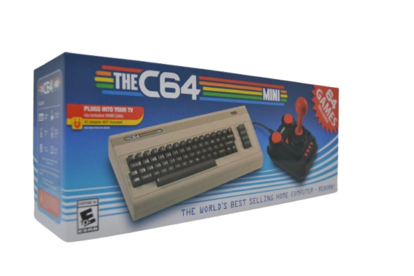 Schachtel für Plaions Commodore The C64 Mini, eine Retro-Heimcomputerkonsole, die das Gerät, den klassischen Joystick-Controller und einen Text zeigt, der die eingebauten Spiele und die TV-Kompatibilität hervorhebt.