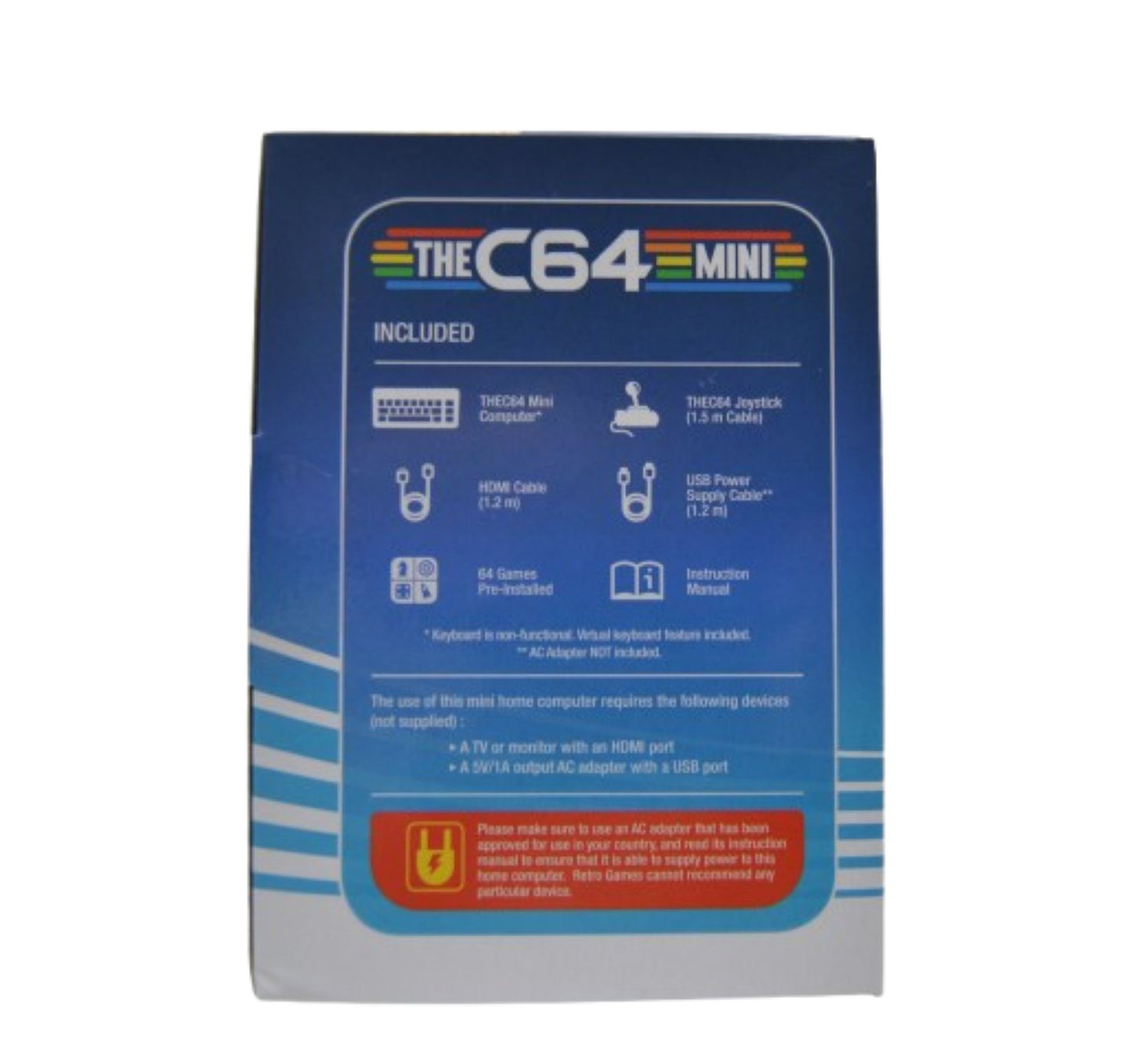 Die Rückseite der Plaion Commodore The C64 Mini-Verpackung zeigt den Lieferumfang: Mini-Computer, Joystick, HDMI- und USB-Kabel, 64 vorinstallierte Retro-Spiele und Handbuch. Mit blauem Hintergrund mit Farbverlauf und weißem und farbigem Text.