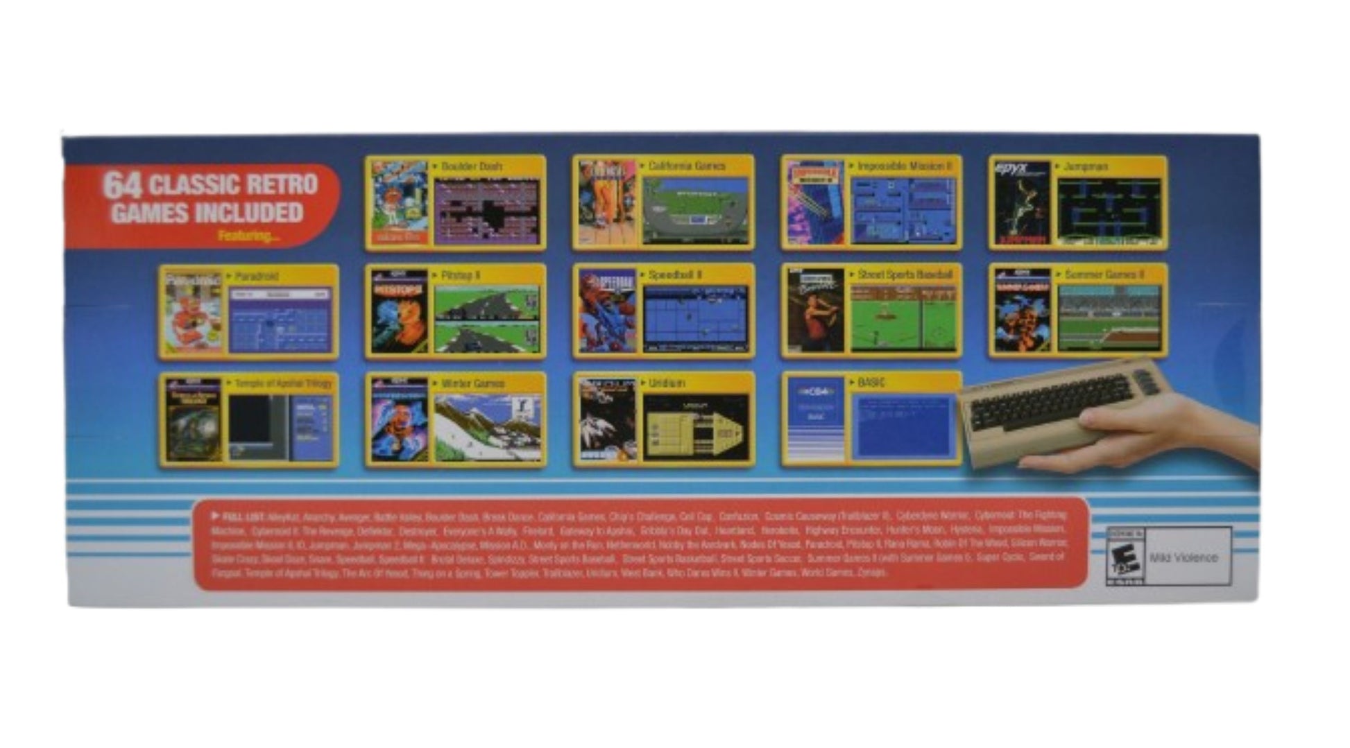 Die Rückseite der Plaion Commodore The C64 Mini-Box zeigt 64 klassische Retro-Spiele, komplett mit Screenshots und Titeln. Eine Hand hält die kompakte Tastatur, die dem kultigen C64-Heimcomputer nachempfunden ist.