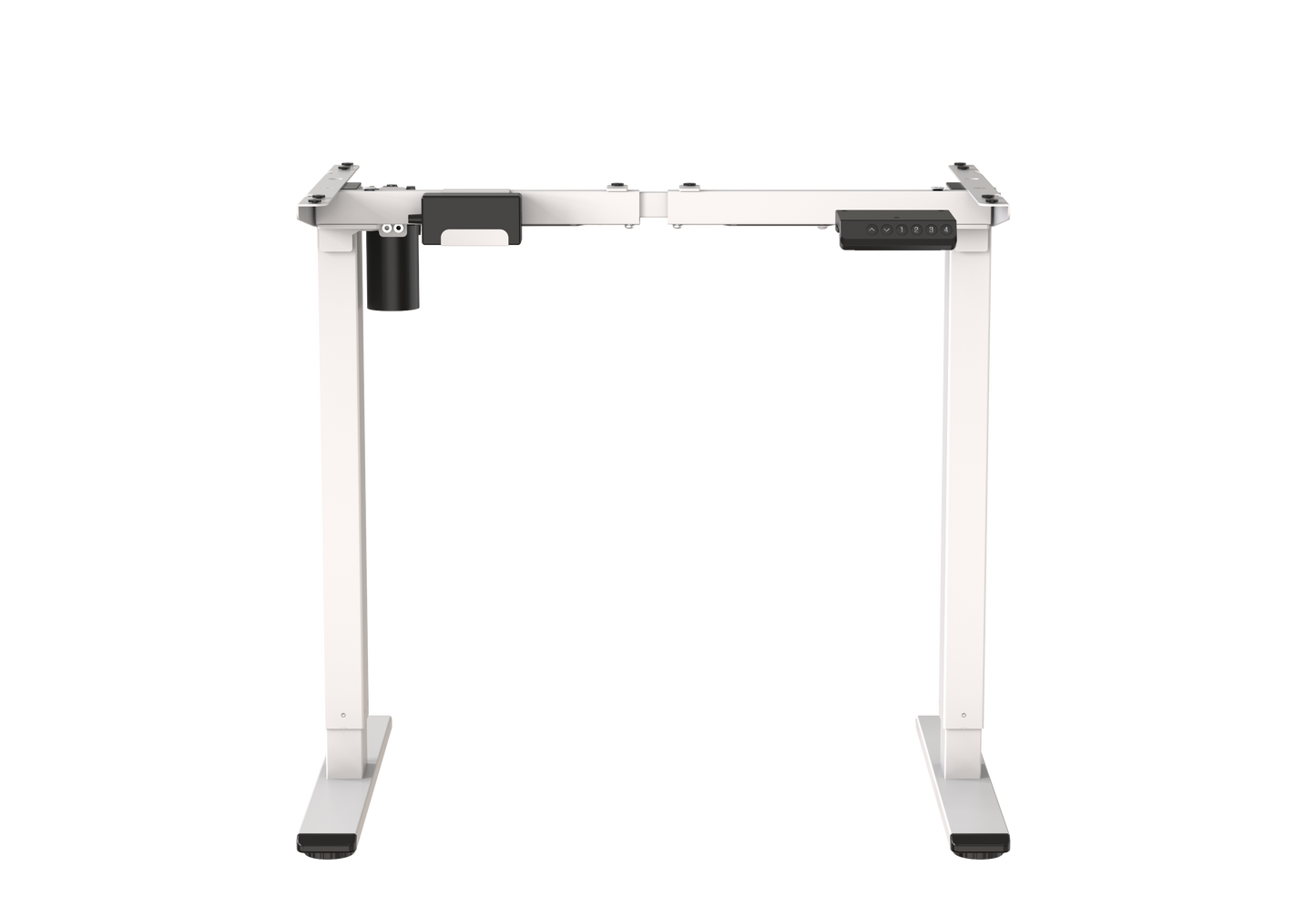 Das HC Home & Living elektrisch höhenverstellbare Tischgestell (71-121 cm) in Weiß überzeugt mit Ergonomie und Stabilität, sichtbarem Motor und Bedienfeld, abgebildet vor neutralem Hintergrund.
