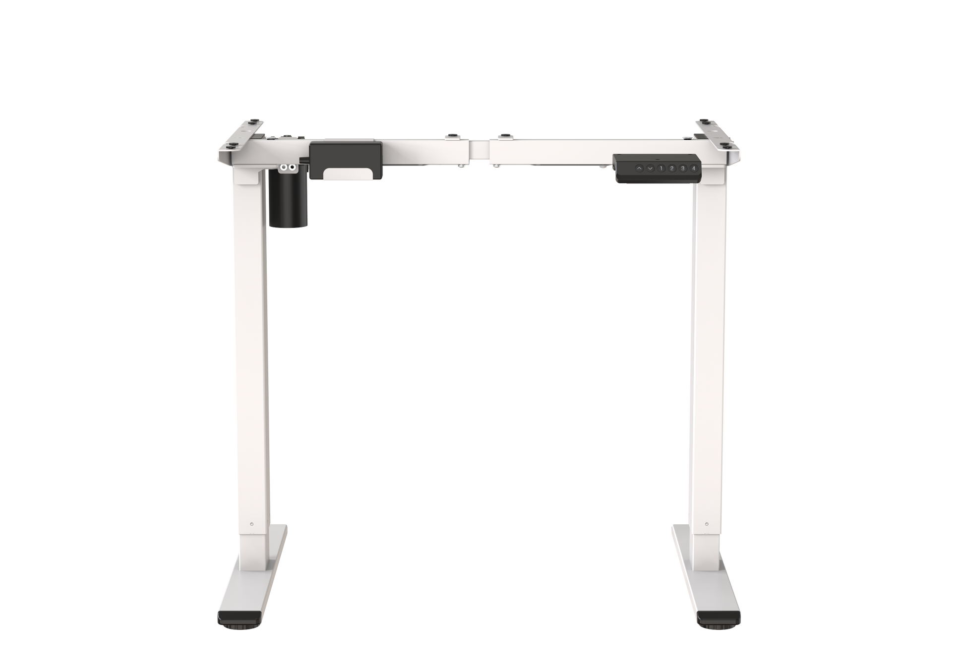 Das HC Home & Living elektrisch höhenverstellbare Tischgestell (71-121 cm) in Weiß überzeugt mit Ergonomie und Stabilität, sichtbarem Motor und Bedienfeld, abgebildet vor neutralem Hintergrund.