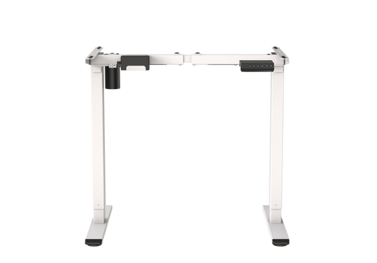 Das HC Home & Living elektrisch höhenverstellbare Tischgestell (71-121 cm) in Weiß überzeugt mit Ergonomie und Stabilität, sichtbarem Motor und Bedienfeld, abgebildet vor neutralem Hintergrund.