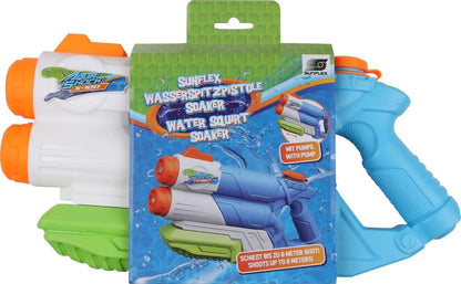 Die Sunflex 00588 - Wasserspritzpistole ist eine blau-weiße Wasserspritzpistole in der Soaker"-Verpackung, die als Wasserspielzeug bezeichnet wird und Wasser bis zu 8 Meter weit schießt.