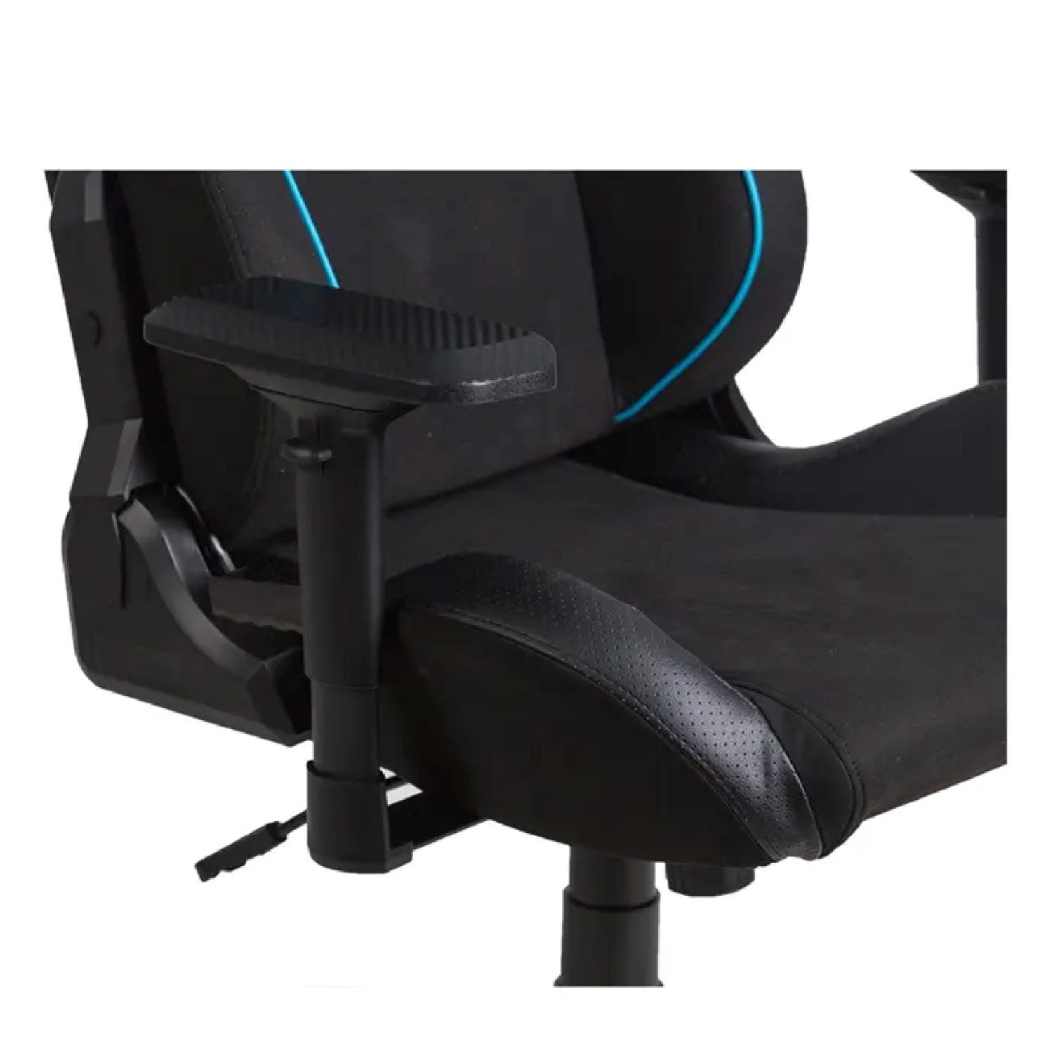 Nahaufnahme des Spawn Gaming Stuhls "schwarz" von Spawn, mit blauen Akzentlinien, verstellbaren Armlehnen, Lendenwirbelstütze und verstellbarer Rückenlehne für individuellen Komfort.