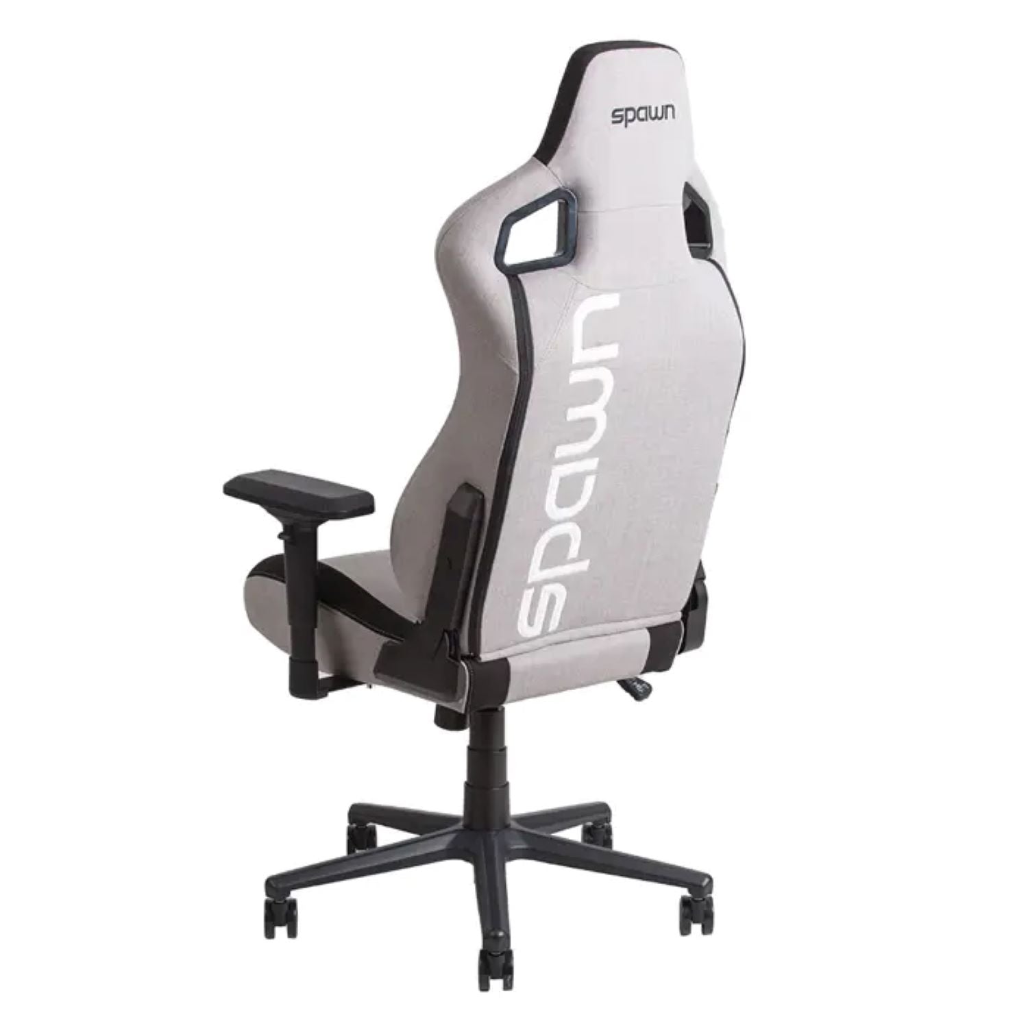 Der Spawn Gaming Stuhl "grau" von Spawn zeigt sich in der Rückenansicht in einem grauen Design mit schwarzen Armlehnen und Fuß. Auf der stylischen Rückenlehne ist "Spawn" vertikal in weiß aufgedruckt.