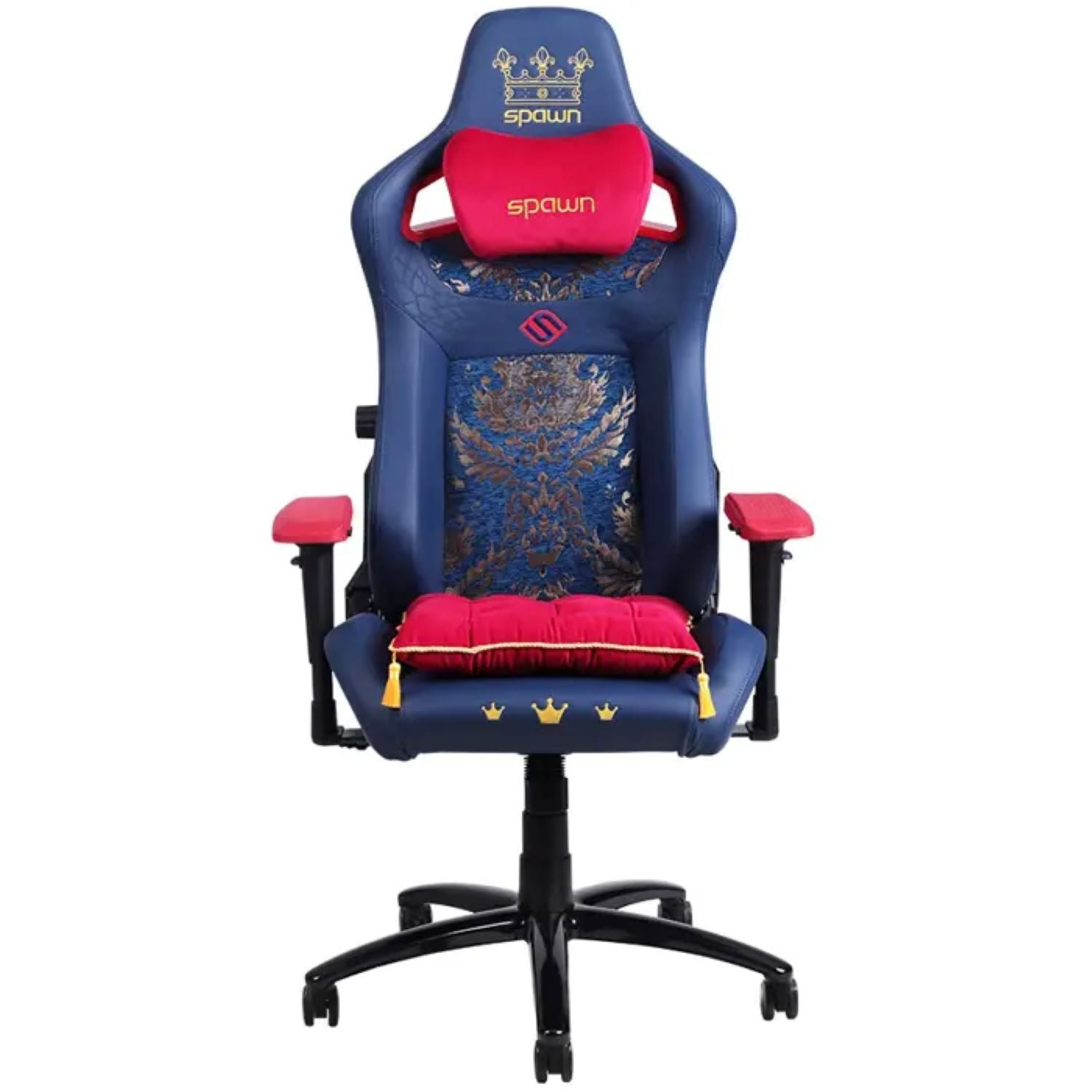 Der Spawn Gaming Stuhl "Royal" von Spawn verfügt über eine blaue Polsterung, eine goldene Stickerei, eine 4D-Armlehne, eine rote "Spawn"-Kopfstütze mit Kronenmotiv, ein rotes Sitzkissen mit goldenen Quasten und Kronendesign sowie eine eingebaute Lendenwirbelstütze für mehr Komfort.