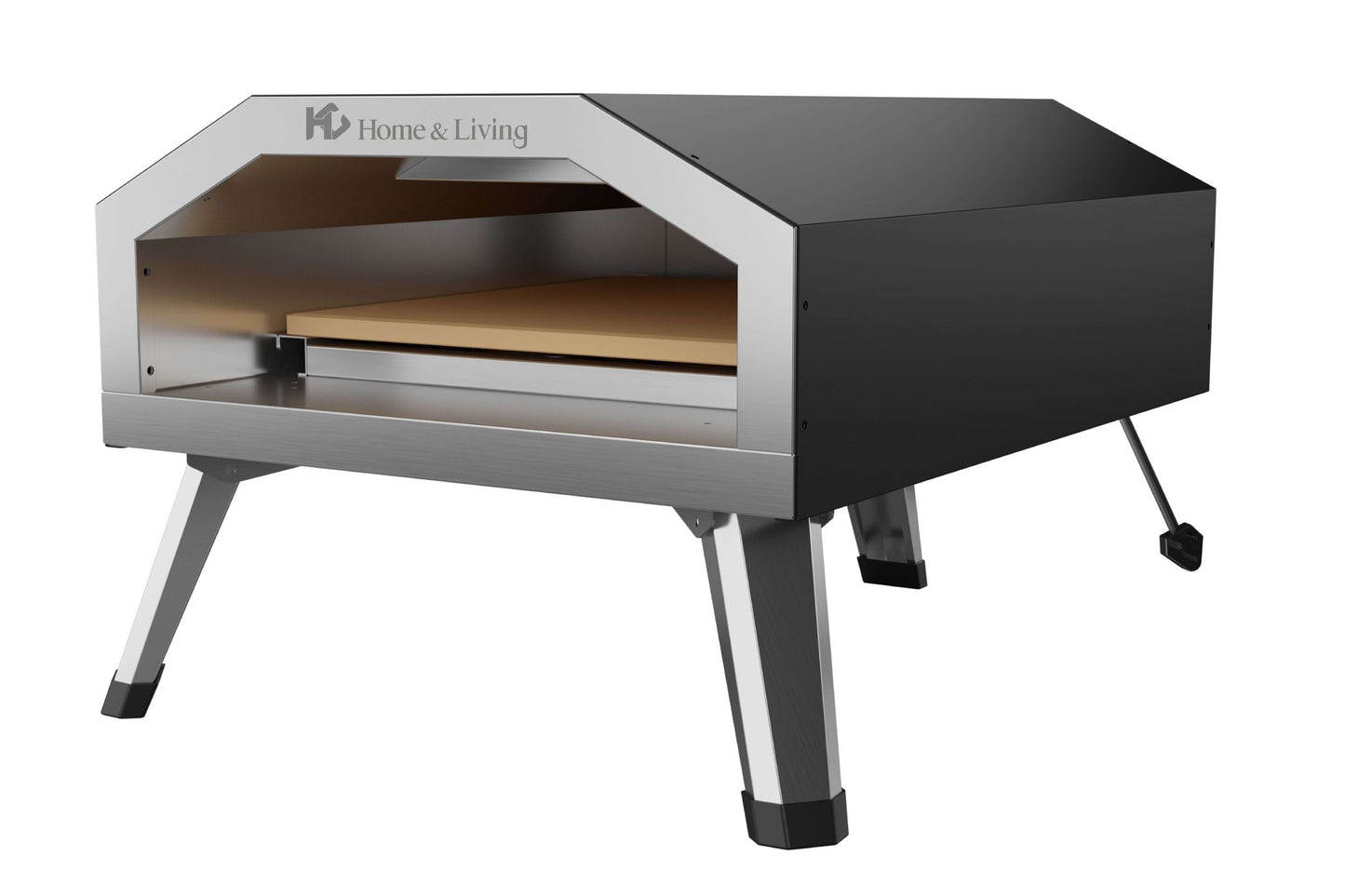 Der HC Home & Living Pizza Ofen - 90s - K08180111B ist ein moderner Pizzaofen aus Edelstahl mit vier stabilen Beinen, einer offenen Front und dem HC Home & Living Schriftzug. Er erreicht bis zu 500°C und ist auf einem weißen Hintergrund abgebildet.
