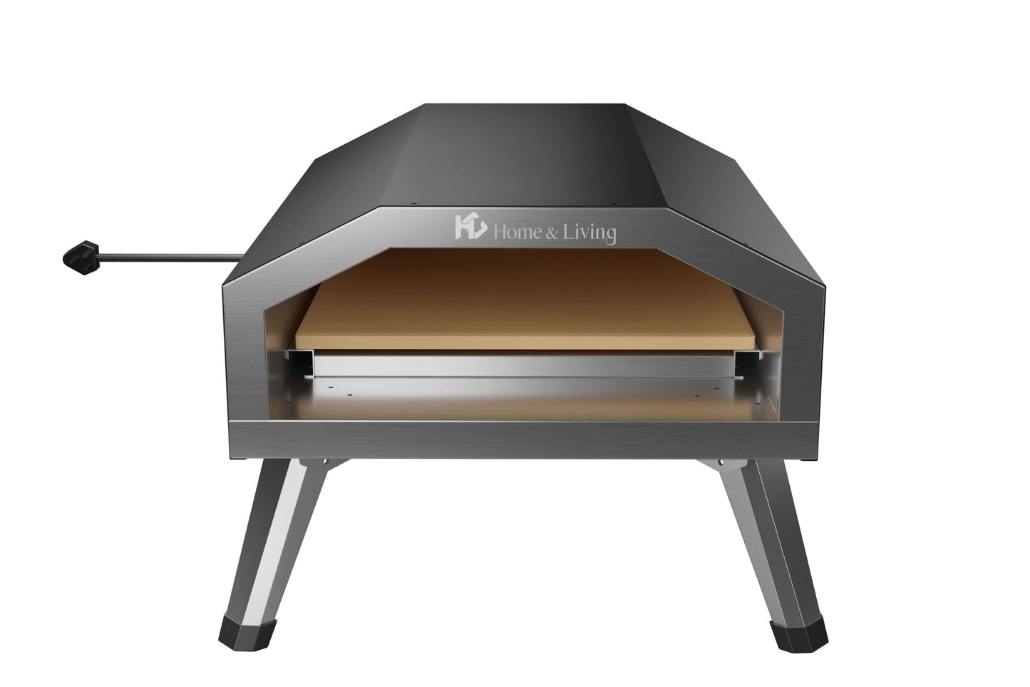 Der HC Home & Living Pizzaofen - 90s - K08180111B ist ein Edelstahl-Pizzaofen für den Außenbereich mit einer rechteckigen Öffnung, einem linken hitzebeständigen Griff, vier stabilen Beinen und dem HC Home & Living-Logo über der Öffnung. Er heizt auf bis zu 500°C für knusprige Pizzen.