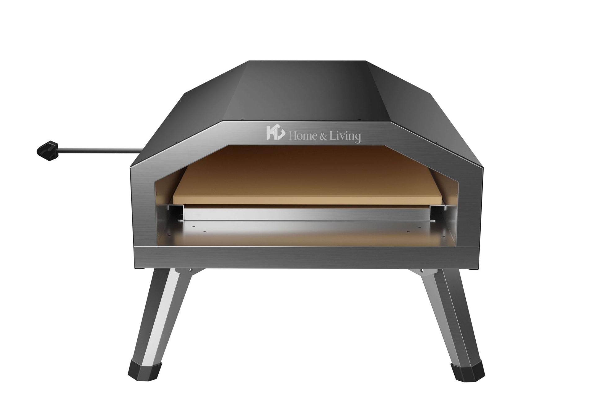 Der HC Home & Living Pizzaofen - 90s - K08180111B ist ein Edelstahl-Pizzaofen für den Außenbereich mit einer rechteckigen Öffnung, einem linken hitzebeständigen Griff, vier stabilen Beinen und dem HC Home & Living-Logo über der Öffnung. Er heizt auf bis zu 500°C für knusprige Pizzen.