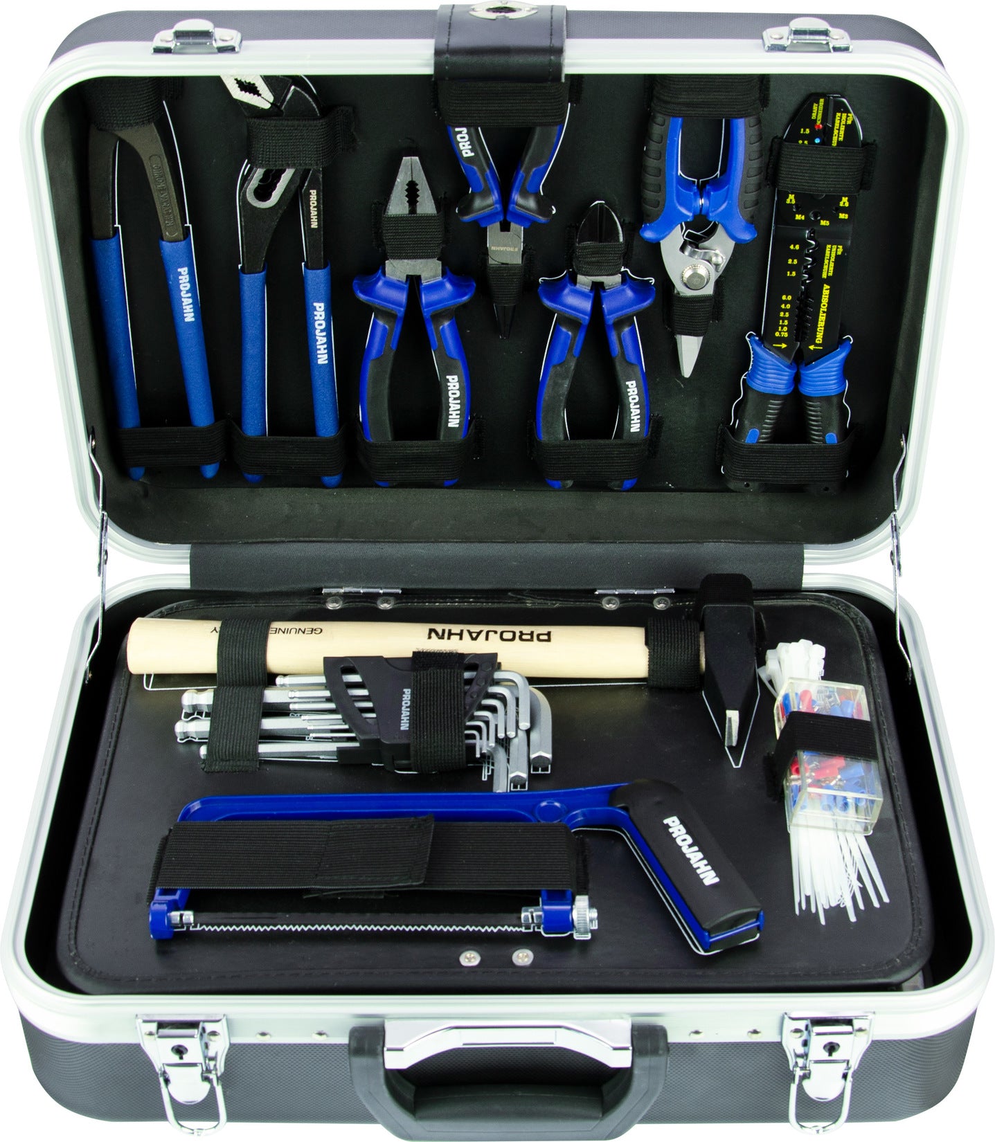 Ein offener schwarzer Projahn Proficraft Werkzeugkoffer 164 tlg. 3/8" fasst Zangen mit blauem Griff, Schraubendreher, Drahtschneider, Hammer, Bügelsäge, Inbusschlüssel, Kabelbinder und andere kleine Werkzeuge übersichtlich im Inneren.