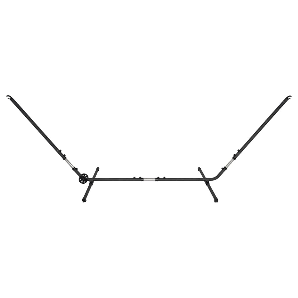 Die Lesli Living Hängematte "Regenbogen" mit Gestell 41007+41010, ein schwarzes Metallgestell mit verstellbarer Länge und abgewinkelten Armen, wird vor einem weißen Hintergrund gezeigt - ideal für Ihre Gartenhängematte.