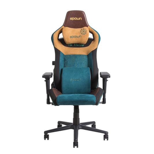 Der Spawn Gaming Stuhl "Viking" von Spawn verfügt über teal und tan Polsterung, 4D-Armlehnen, memory-foam-kissen für Lenden- und Nackenstütze, eine hohe Rückenlehne auf einem schwarzen Radgestell und "spawn" gestickt auf der Kopfstütze und dem Rückenpolster.