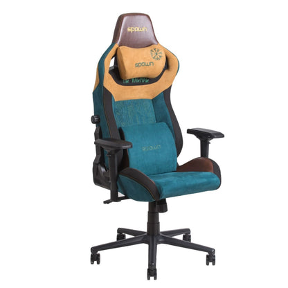 Der Spawn Gaming Stuhl "Viking" zeichnet sich durch ein blaugrünes und braunes Design, 4D-Armlehnen, eine hohe Rückenlehne, Kopfstützenkissen, Memory-Schaum-Kissen und ein schwarzes Untergestell mit fünf Rädern aus. Der Schriftzug "SPAWN" ist sowohl auf der Kopfstütze als auch auf dem Sitz aufgestickt.