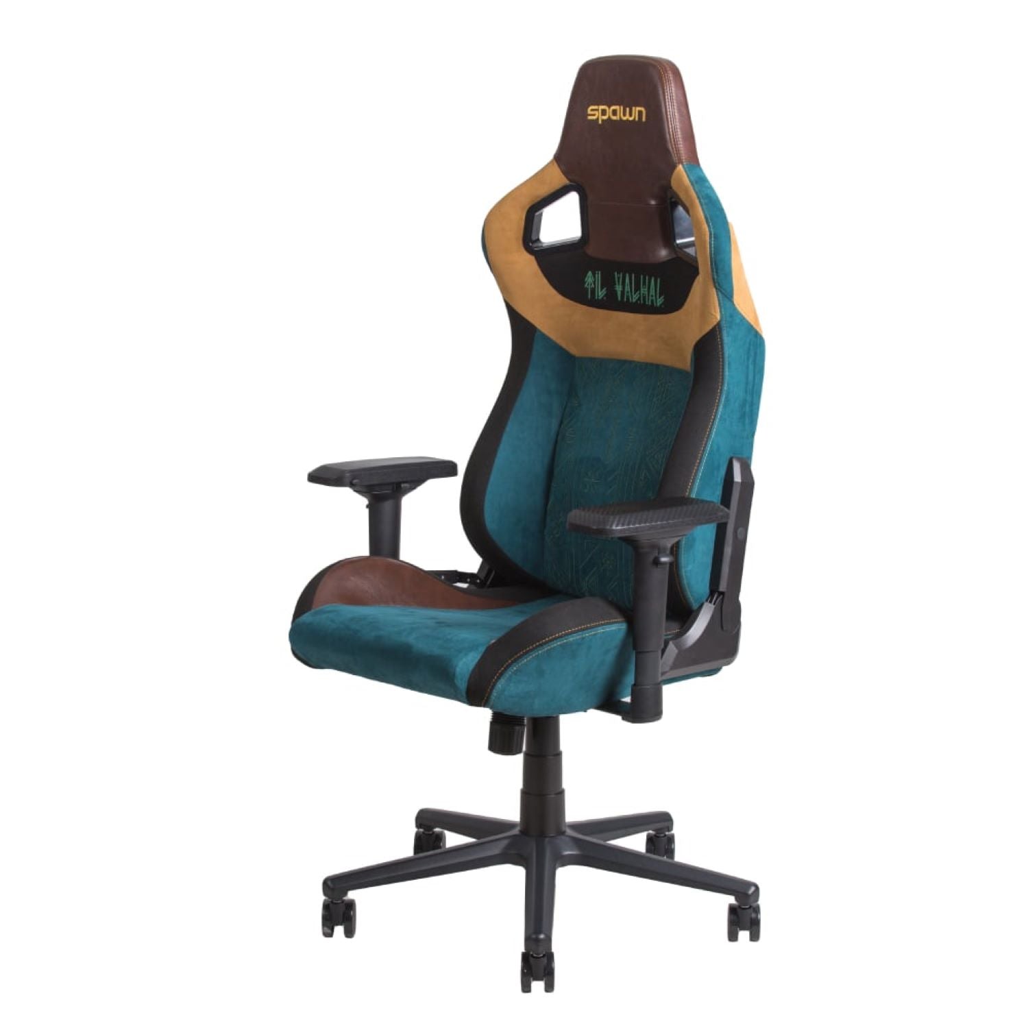 Der Spawn Gaming Stuhl "Viking" von Spawn zeichnet sich durch teal, braun und goldfarbene Polsterung, SPAWN Label auf der Oberseite, VALHALLA auf der Rückenlehne, ergonomisches Design, verstellbare Armlehnen, Memory-Foam-Kissen und schwarzen Fünf-Rollen-Fuß aus.