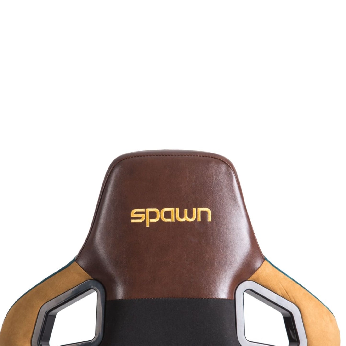 Der Spawn Gaming Stuhl "Viking" von Spawn zeichnet sich durch sein braun-schwarzes ergonomisches Design aus. Auf der Kopfstütze ist der Schriftzug "Spawn" in gelber Farbe aufgestickt, der auf einem schlichten weißen Hintergrund zu sehen ist.