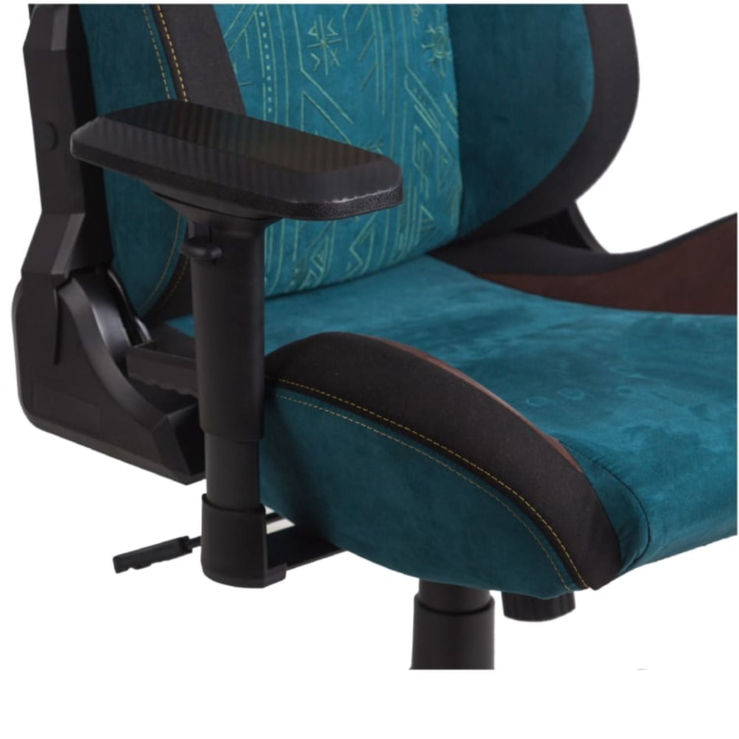 Nahaufnahme des Spawn Gaming Stuhls "Viking" von Spawn in Petrol und Schwarz. Zu sehen sind die verstellbare Armlehne, detaillierte Nähte und ein Teil der ergonomischen Sitzfläche und Rückenlehne mit dezenten Mustern.
