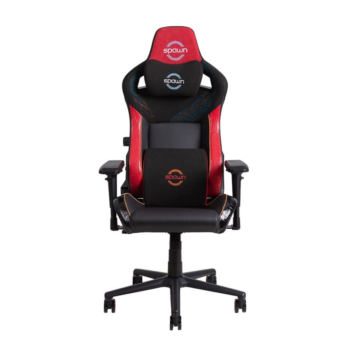 Der Spawn Gaming Stuhl "Dragon" von Spawn ist ein schwarz-roter Stuhl mit hoher Rückenlehne, ergonomischem Design, 4D-Armlehnen, Kopfstütze mit Spawn-Logo, Lendenwirbelstütze und einem stabilen Fünf-Rad-Fuß.