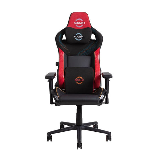 Der Spawn Gaming Stuhl "Dragon" von Spawn ist ein schwarz-roter Stuhl mit hoher Rückenlehne, ergonomischem Design, 4D-Armlehnen, Kopfstütze mit Spawn-Logo, Lendenwirbelstütze und einem stabilen Fünf-Rad-Fuß.