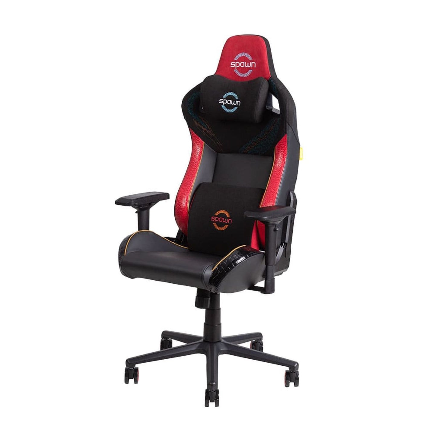Der Spawn Gaming Stuhl "Dragon" von Spawn ist ein schwarz-roter ergonomischer Stuhl mit verstellbaren 4D-Armlehnen, Kopfstütze, Lendenkissen mit Spawn-Logo und einem stabilen Fünf-Rad-Fuß.